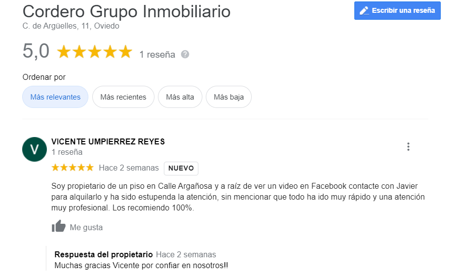 opiniones Cordero Grupo Inmobiliario google